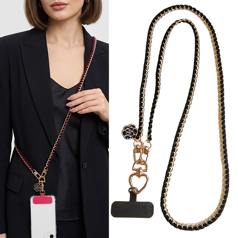 Crossbody Lanyard Neck Strap Case - クロスボディ型、汎用チェーン、カメリアモチーフの携帯電話用ストラップ、金属チェーン、長めのネックストラップ、ショルダーストラップ、紛失防止携帯電話ケース